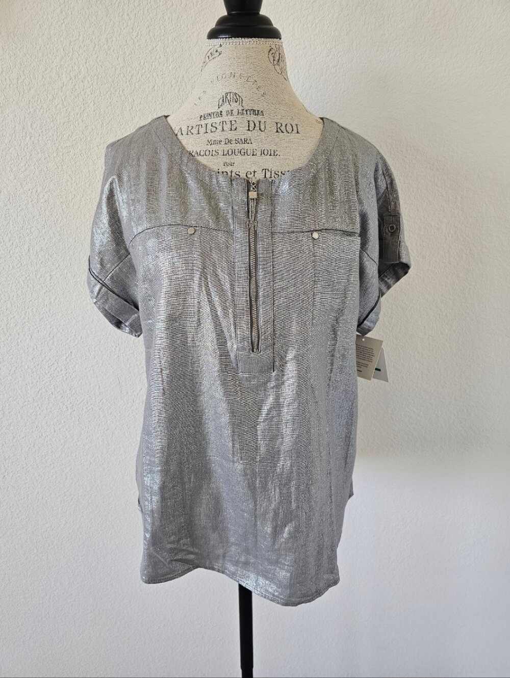 Ellen Tracy Metallic Silver Foil Linen Blend Blouse size L New With Tags